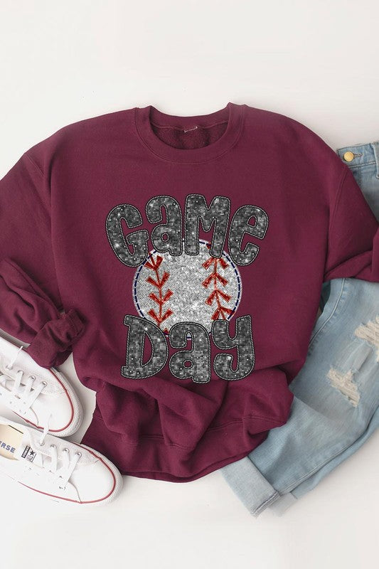 Baseball Game Day Faux Sequins Sweatshirt