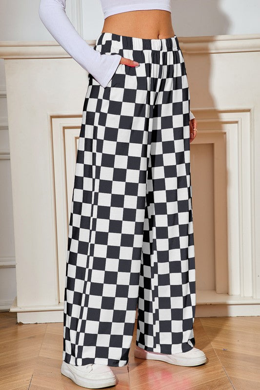 Checked High Waist Wide Leg Pants