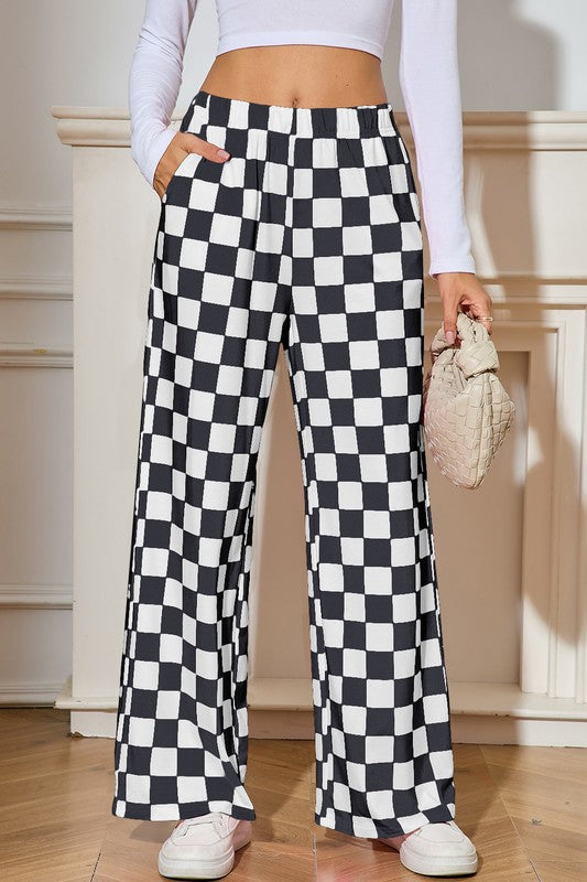 Checked High Waist Wide Leg Pants